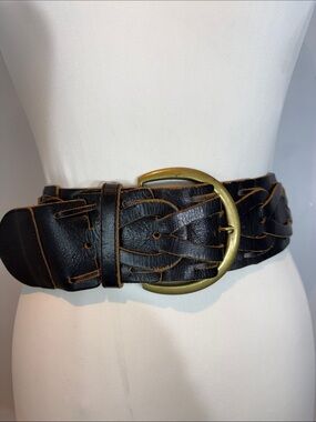 Vintage Wide Woven Leather Waist Belt Black Brown  Brass Buckle M/L